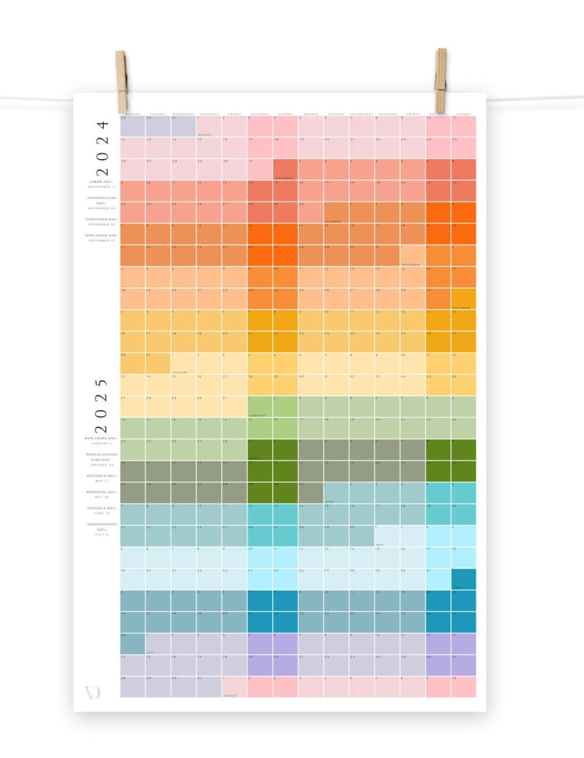 Full Year Wall Calendar 20242025 Digital Download Rainbow 20x30 Etsy