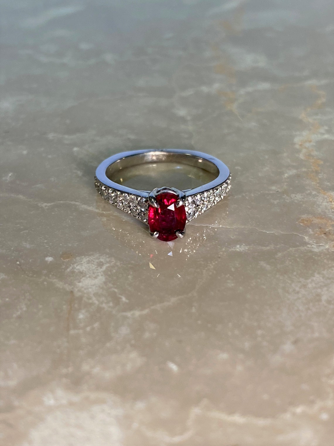 Red Ruby Ring with Pave Diamonds in White Gold Etsy