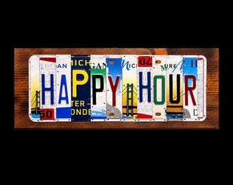 Happy Hour Sign: Recycled License Plate Wall Art
