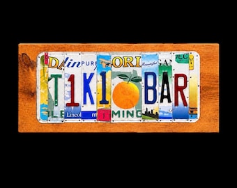 Handcrafted Tiki Bar Sign: License Plate Art, Stained Wood, Tropical Decor