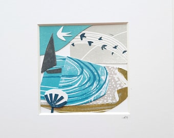 Coastal Views - Lino Print Collage Series | Original Artwork | Mounted