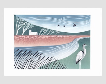 A Quiet Walk - Original Lino Print | Limited Edition | Landscape Linocut | Heron