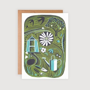 Garden Escape Greetings Card Lino Print reproduction Gardening Notecard image 1