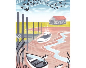 Thornham Avocets II - Original Lino Print | Limited Edition | Norfolk Landscape