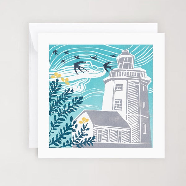 Cromer Lighthouse - Greetings Card | Lino Print reproduction | Norfolk Landscape | Notecard