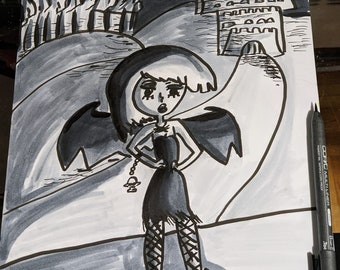 bat goth girl in the moonlight pen and ink 9x12