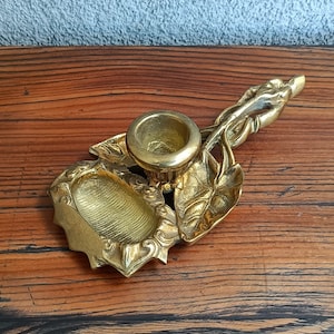 Vintage Brass Candle Holder, Antique Candlestick with a Handle, Floral&Leaf Chamberstick, Art Nouveau Taper Candle Holder