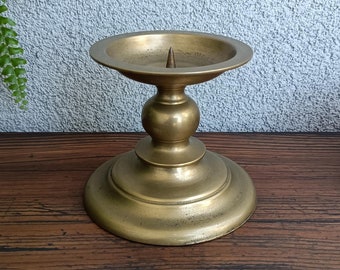 Vintage Brass Pillar Candle Holder, Brutalist Mid-Century Candlestick