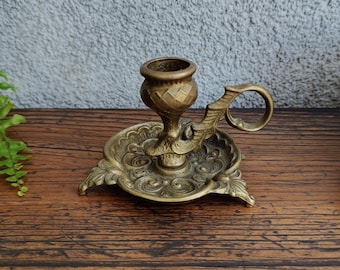 Vintage Brass Thistle Chamberstick Candle Holder: Art Nouveau Handle