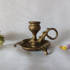 Vintage Brass Thistle Candle Holder, Antique Candlestick with a Handle, Scottish Floral&Leaf Chamberstick, Art Nouveau Taper Candleholder