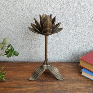 Vintage Brass Lotus Flower Candle Holder: Brutalist Mid-Century Decor