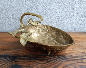 Vintage Brass Walnut Bowl, Leaf Handle, Mid-Century Nut Dish