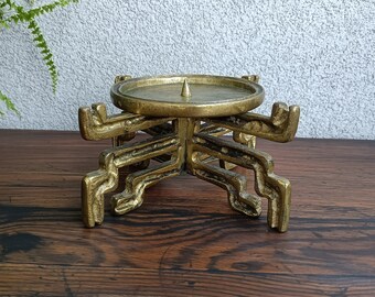 Vintage Brass Brutalist Candle Holder: Mid-Century Pillar Candle Stand