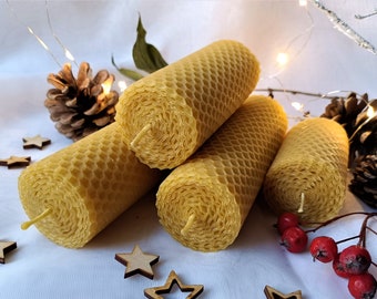 Velas de cera de abejas 100% pura enrolladas a mano, juego de 4 velas, velas de panal, velas ecológicas, regalo de Navidad