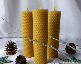 3 x 100% Pure BEESWAX Pillar Candles, Eco-friendly Candles, Hand-rolled Beeswax Candles (size: 16cm/4cm), Non-toxic Candles