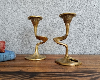 A Pair of Brutalist Bäckhaus Solingen Candlesticks, Two Vintage Taper Candleholders, Art Nouveau Brass Candle Holders, Mid Century Decor