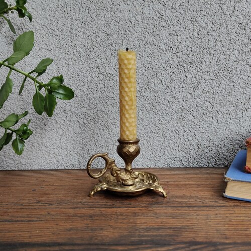 Vintage Brass Thistle Candle Holder, Antique Candlestick with a Handle, Scottish Floral&Leaf Chamberstick, Art Nouveau Taper Candleholder