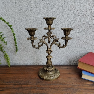 Vintage Brass Candelabra: Ornate Three-Arm Taper Candle Holder
