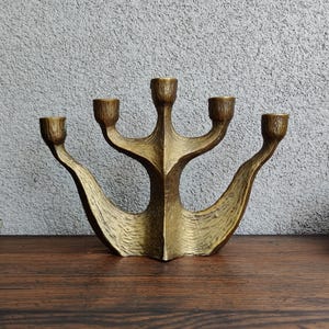 Vintage Brass Brutalist Candle Holder: Mid-Century Five-Arm Candelabra