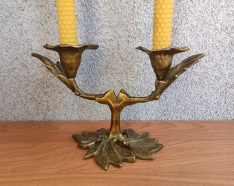 Vintage Brass Candle Holder, Antique Candlestick for 2 Candles, Floral&Leaf Chamberstick, Art Nouveau Taper Candle Holder, Mid-century Decor