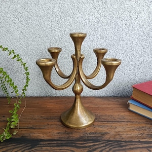 Vintage Brass 5 Arm Candelabra, Antique Candlestick for 5 Candles, Old Chamberstick, Five Armed Candle Holder, Art Deco Mid-century Decor