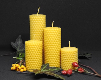 100% Pure & Natural Beeswax Candles Hand-rolled from Beeswax Sheets, Eco-friendly Honeycomb Candle Gift, Set of 4  Beeswax Pillars