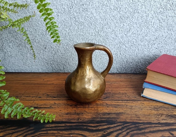 Vintage Brass Brutalist Jug, Antique Minimalist Vase, Mid-century Decor, Table Decoration, Heavy Vase with a Handle, Vintage Gift
