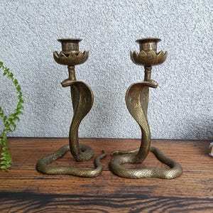 Vintage Brass Cobra Candle Holders – Set of 2 Serpent Taper Candle Holders, Boho Decor, Mystical Brass Snakes, Snake Shaped Chambersticks