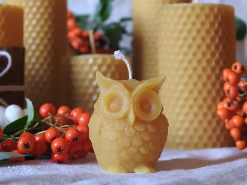 May include: A small, yellow beeswax candle shaped like an owl. The candle has a white wick and is surrounded by red berries and other beeswax candles.
