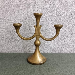 Vintage Brass Brutalist Candle Holder, Antique Candlestick for 3 Candles, Old Chamberstick, Three Armed Candelabra, Mid-centry Decor