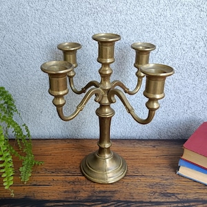 Vintage Brass 5-Arm Candelabra: Art Deco Candle Holder