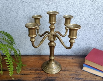 Vintage Brass 5-Arm Candelabra: Art Deco Candle Holder