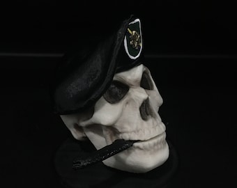 Hand Painted 3D Printed Skull, Ranger Black Beret, Military Desk Decor