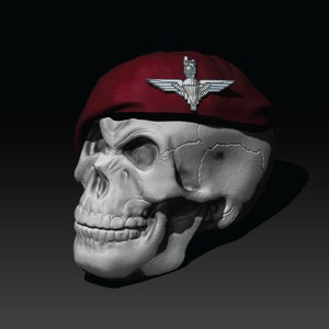 Hand Painted British Para Skull: Maroon Beret, 3D Printed Desk Decor