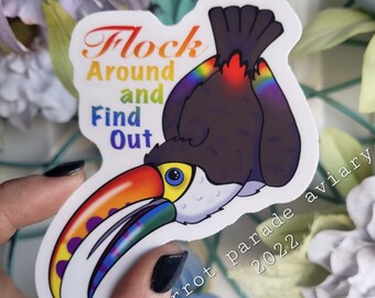 Flock Around and Find Out Funny Bird Toucan Parrot Sticker 4" Waterproof Vinyl Subtle Pride