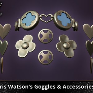 May include: A set of steampunk-style goggles and accessories, including two round goggles with blue lenses, a heart-shaped connector, two flower-shaped charms, and four heart-shaped charms. The goggles and charms are made of metal and have a gold finish.