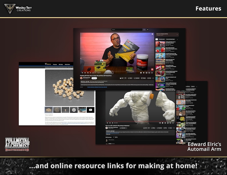 May include: A screenshot of a website with a video of a person talking about making a prosthetic arm. The video is titled "Edward Elric's Automail Arm". The website also has a section with links to online resources for making a prosthetic arm at home.