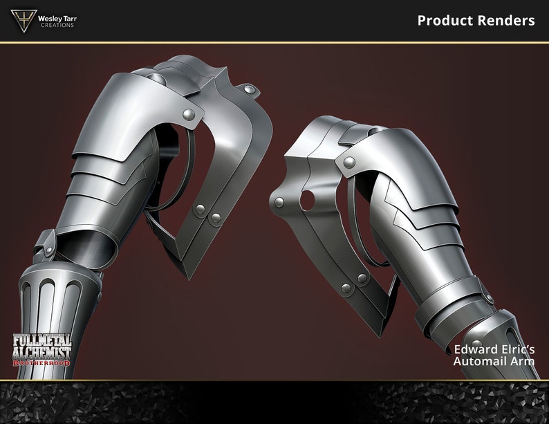 May include: A pair of silver-colored metal prosthetic arms, designed to look like armor. The arms are from the anime series Fullmetal Alchemist: Brotherhood. The text "Fullmetal Alchemist: Brotherhood" is visible on the image.