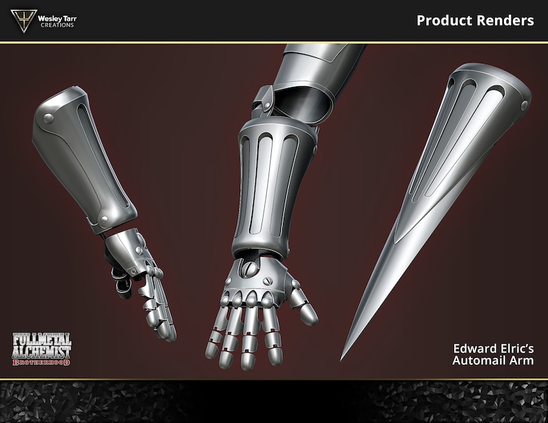 May include: A silver-colored, articulated robotic arm with a sharp, pointed blade. The arm is made up of multiple sections, each with a distinct design. The blade is attached to the end of the arm and is pointed towards the viewer. The arm is a replica of Edward Elric's automail arm from the anime series Fullmetal Alchemist: Brotherhood.
