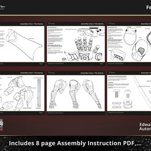 May include: Black and white line art assembly instructions for building a mechanical arm. The instructions include diagrams and text. The title of the instructions is "Edward Elric's Automail Arm".