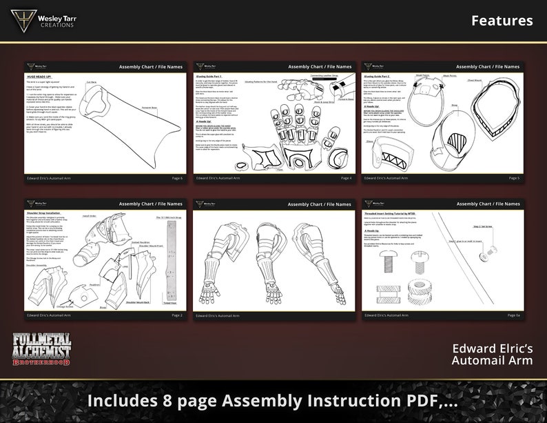 May include: Black and white line art assembly instructions for building a mechanical arm. The instructions include diagrams and text. The title of the instructions is "Edward Elric's Automail Arm".