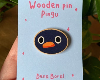 Pin de Madera Pingu Cara | Pingu Face Wooden Pin Badge | Meme Pingu