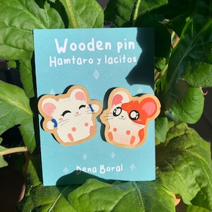 Hamtaro & Bijou Wooden Pin Eco Friendly Original Gift