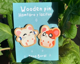 2 Pin Pack Hamtaro y Lacitos Bijou Pin de Madera Natural Ecofriendly Broche Mochila