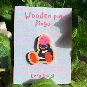 Angry Pingu Wooden Pin Badge Original Gift Inspired Fanart | Eco Friendly | Natural