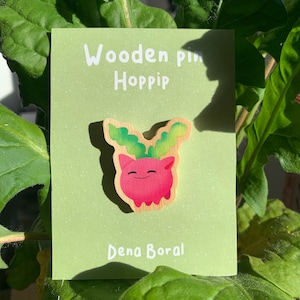 Hoppip-poke Wooden Pin Badge Original Gift Inspired Fanart | Eco Friendly | Natural