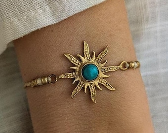 Goldenes boho Sonnen Armband • Seoul sun • minimalistisches Messing Armband mit Edelsteinperle personalisiert als Geschenkidee für Damen