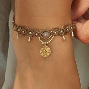 Macrame boho anklet personalized • Moon • Hippie festival foot jewelry with pendant and birthstone as a gift for girlfriend