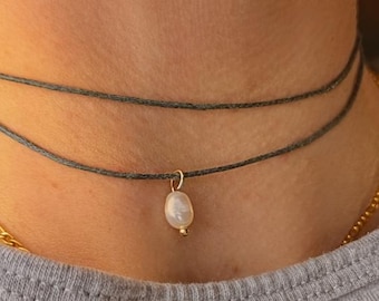 Minimalist wrap choker necklace for women and men with freshwater pearl • Sweetwater • delicate necklace with cotton choker