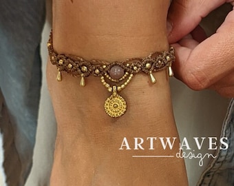 Macrame Gipsy anklet • Moon • teardrop anklet with brass ornament in a festival look as a gift idea for women